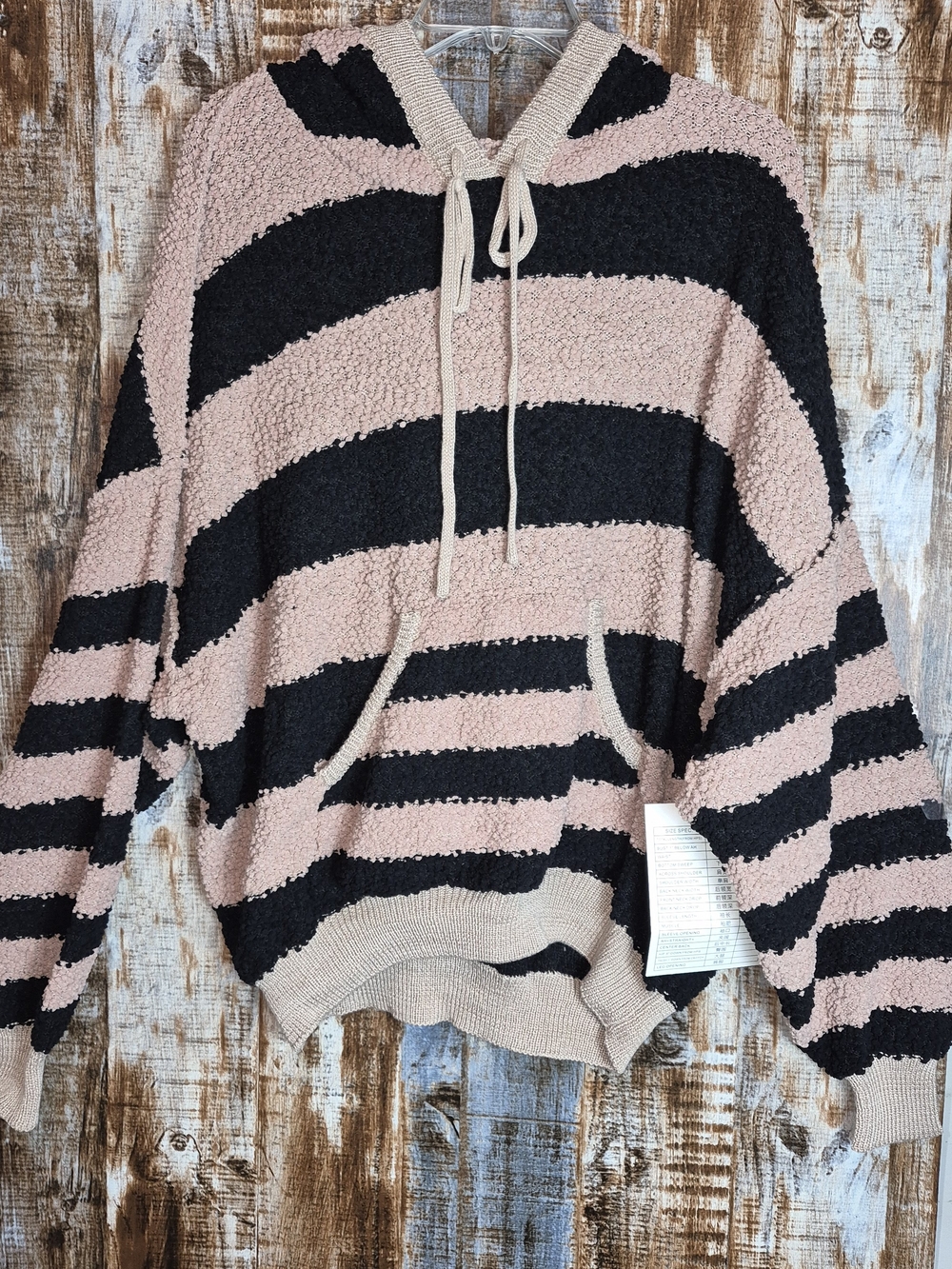 Striped Hooded Pullover Sweater in Pink and Black